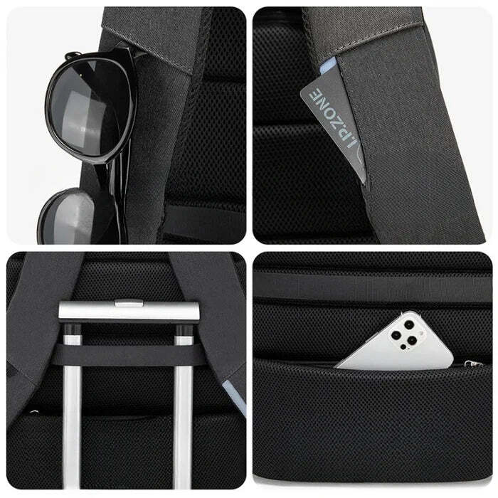 Mochila Executiva Romenzi RZ348 em tecido Oxford impermeável com porta USB e compartimento para notebook 17''. Ideal para negócios e deslocamentos.