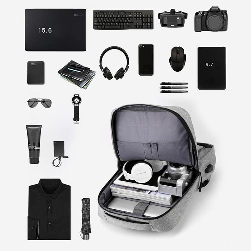 Mochila Executiva Smart Romenzi RZ952 em detalhe, modelo impermeável com USB, cadeado TSA e compartimento acolchoado para notebook 15'.