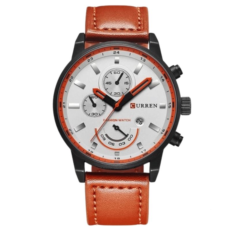Relógio Masculino CURREN Elegance Romenzi RZ535 com pulseira em couro sintético durável, caixa em aço resistente e design sofisticado para todas ocasiões.