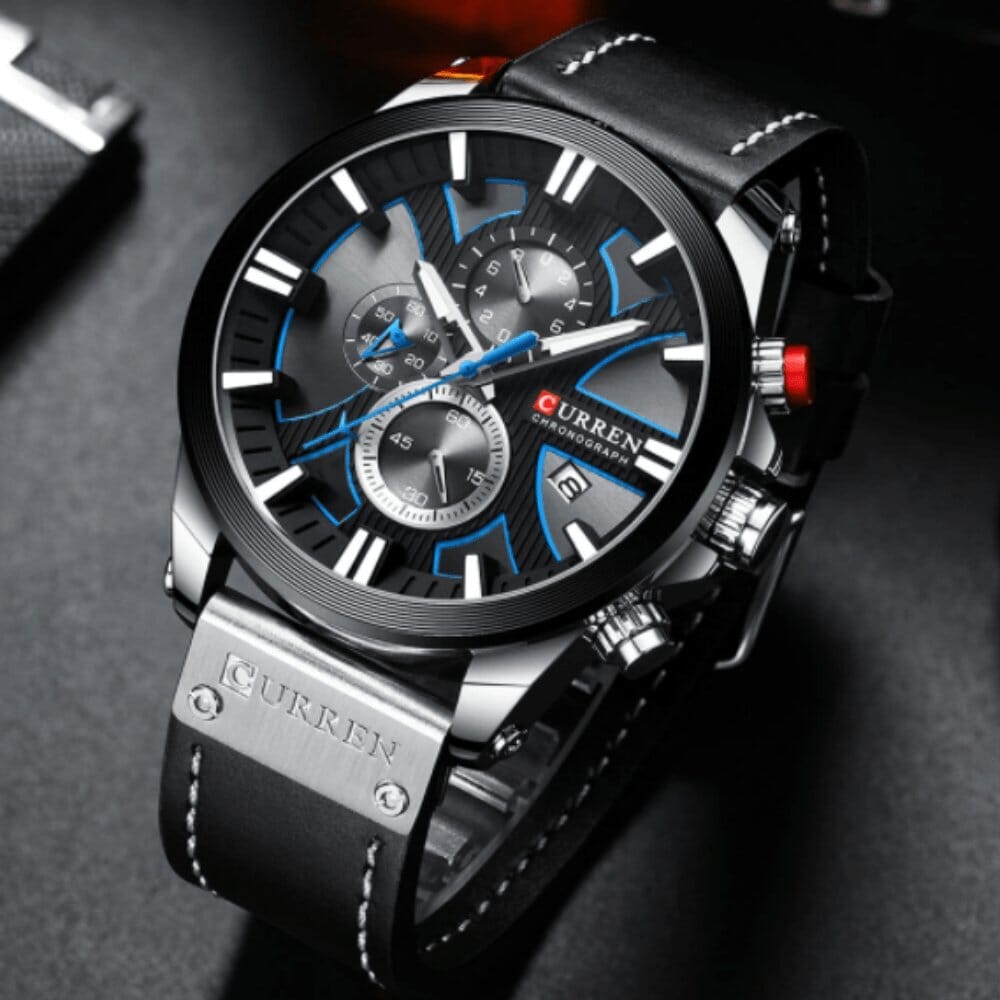 Relógio Masculino CURREN Magneto Romenzi RZ533 em couro e aço inox, com cronógrafo, calendário, ponteiros luminosos e resistência à água até 30 metros.