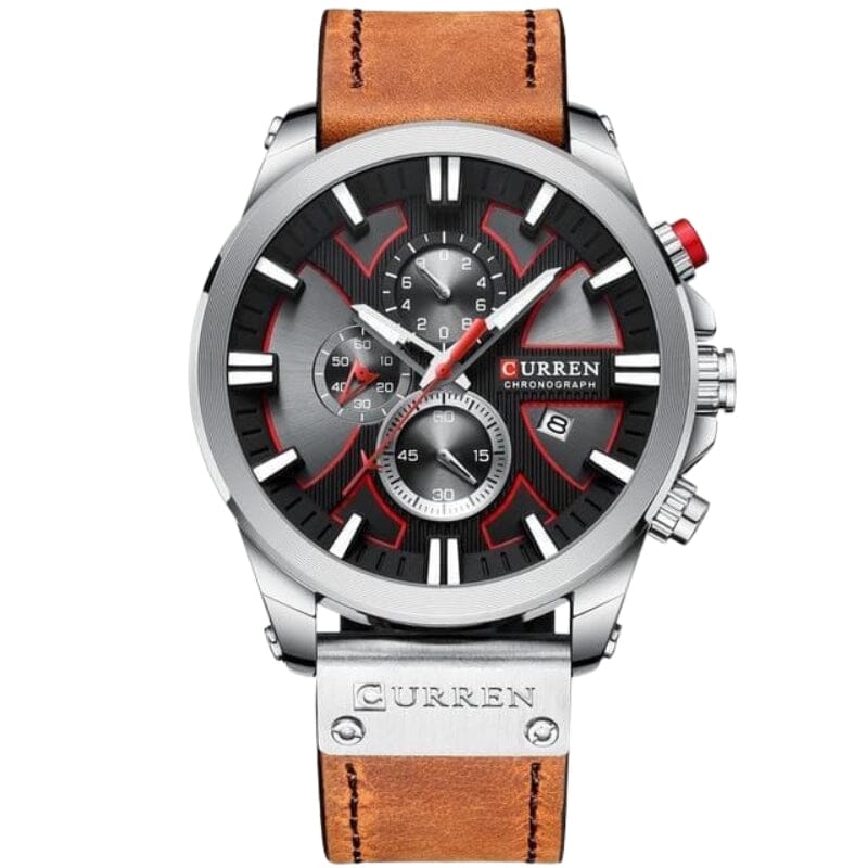 Relógio Masculino CURREN Magneto Romenzi RZ533 em couro e aço inox, com cronógrafo, calendário, ponteiros luminosos e resistência à água até 30 metros.