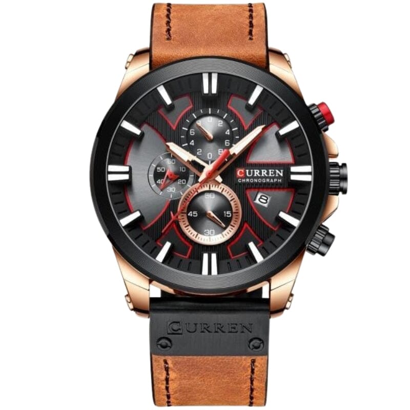 Relógio Masculino CURREN Magneto Romenzi RZ533 em couro e aço inox, com cronógrafo, calendário, ponteiros luminosos e resistência à água até 30 metros.