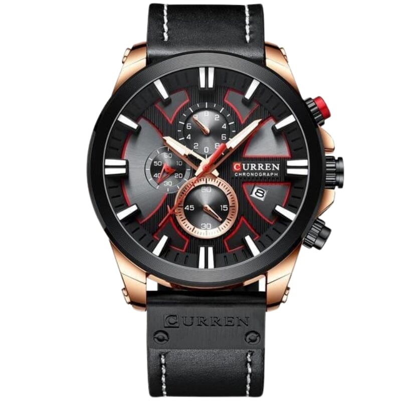 Relógio Masculino CURREN Magneto Romenzi RZ533 em couro e aço inox, com cronógrafo, calendário, ponteiros luminosos e resistência à água até 30 metros.