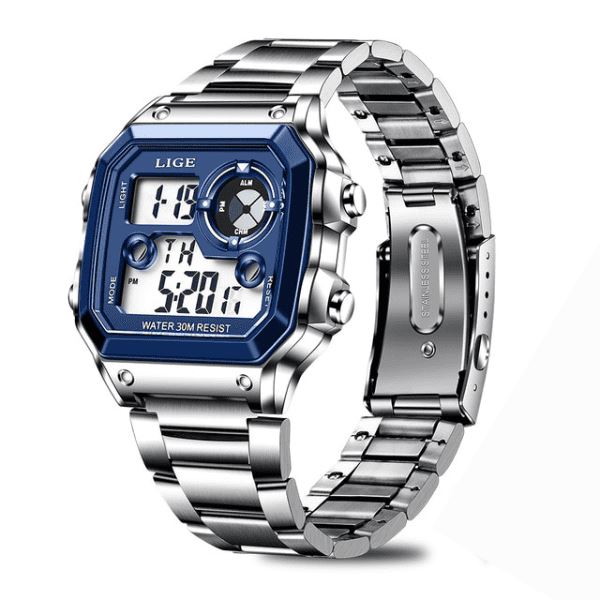 Relógio Masculino Digital Esportivo Lige Romenzi RZ536 com pulseira em aço inox, visor digital moderno, funções práticas e design elegante para todas ocasiões.