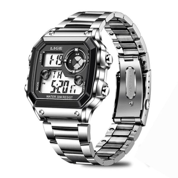 Relógio Masculino Digital Esportivo Lige Romenzi RZ536 com pulseira em aço inox, visor digital moderno, funções práticas e design elegante para todas ocasiões.