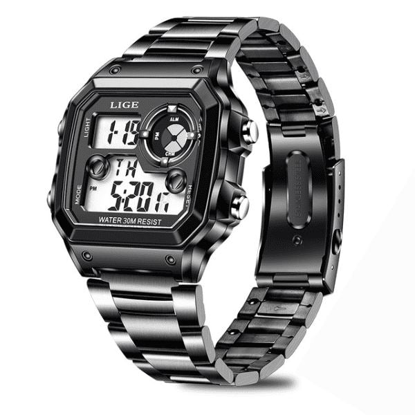 Relógio Masculino Digital Esportivo Lige Romenzi RZ536 com pulseira em aço inox, visor digital moderno, funções práticas e design elegante para todas ocasiões.