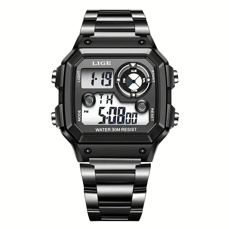 Relógio Masculino Digital Esportivo Lige Romenzi RZ536 com pulseira em aço inox, visor digital moderno, funções práticas e design elegante para todas ocasiões.