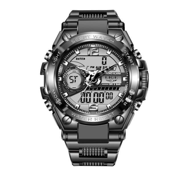 Relógio Masculino LIGE Sport Romenzi RZ529 com design esportivo moderno, pulseira em aço, cronógrafo funcional, iluminação noturna e resistência à água.