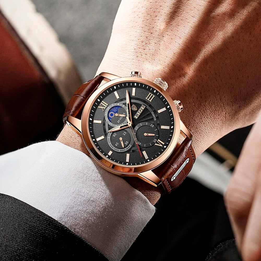 Relógio Masculino Romenzi Troyan RZ724 com pulseira em couro, movimento em quartzo e resistência à água, unindo sofisticação, estilo e funcionalidade.