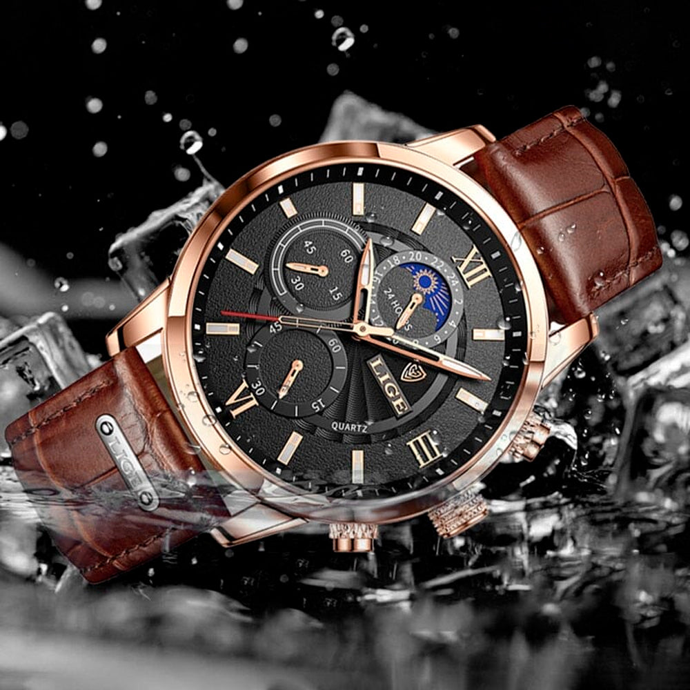 Relógio Masculino Romenzi Troyan RZ724 com pulseira em couro, movimento em quartzo e resistência à água, unindo sofisticação, estilo e funcionalidade.
