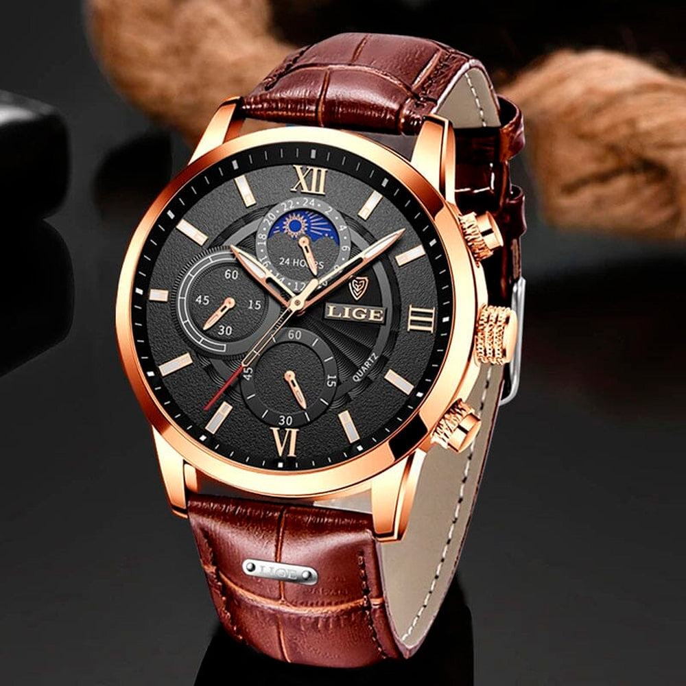 Relógio Masculino Romenzi Troyan RZ724 com pulseira em couro, movimento em quartzo e resistência à água, unindo sofisticação, estilo e funcionalidade.