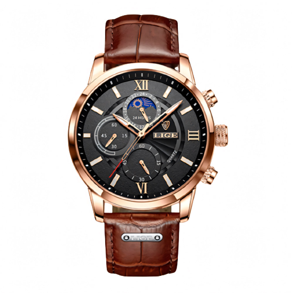 Relógio Masculino Romenzi Troyan RZ724 com pulseira em couro, movimento em quartzo e resistência à água, unindo sofisticação, estilo e funcionalidade.