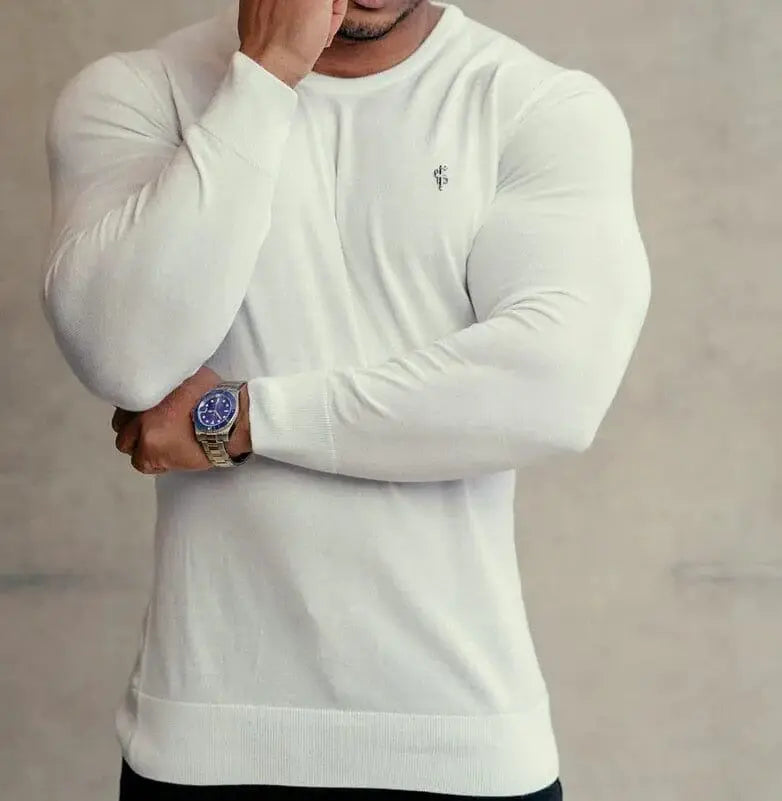 Suéter Masculino Romenzi RZ047 em lã superfina, com design minimalista e logotipo bordado no peito, ideal para um estilo sofisticado.