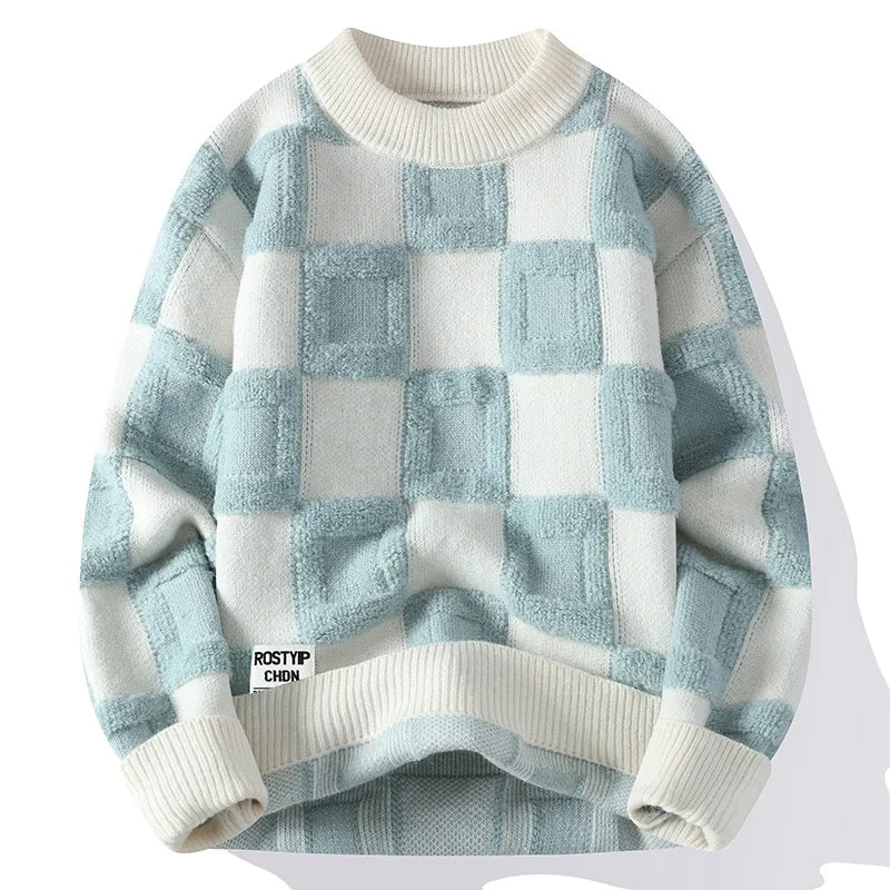Suéter Masculino Xadrez Romenzi RZ043, design clássico e sofisticado, confeccionado em algodão de alta qualidade. Ideal para o inverno.