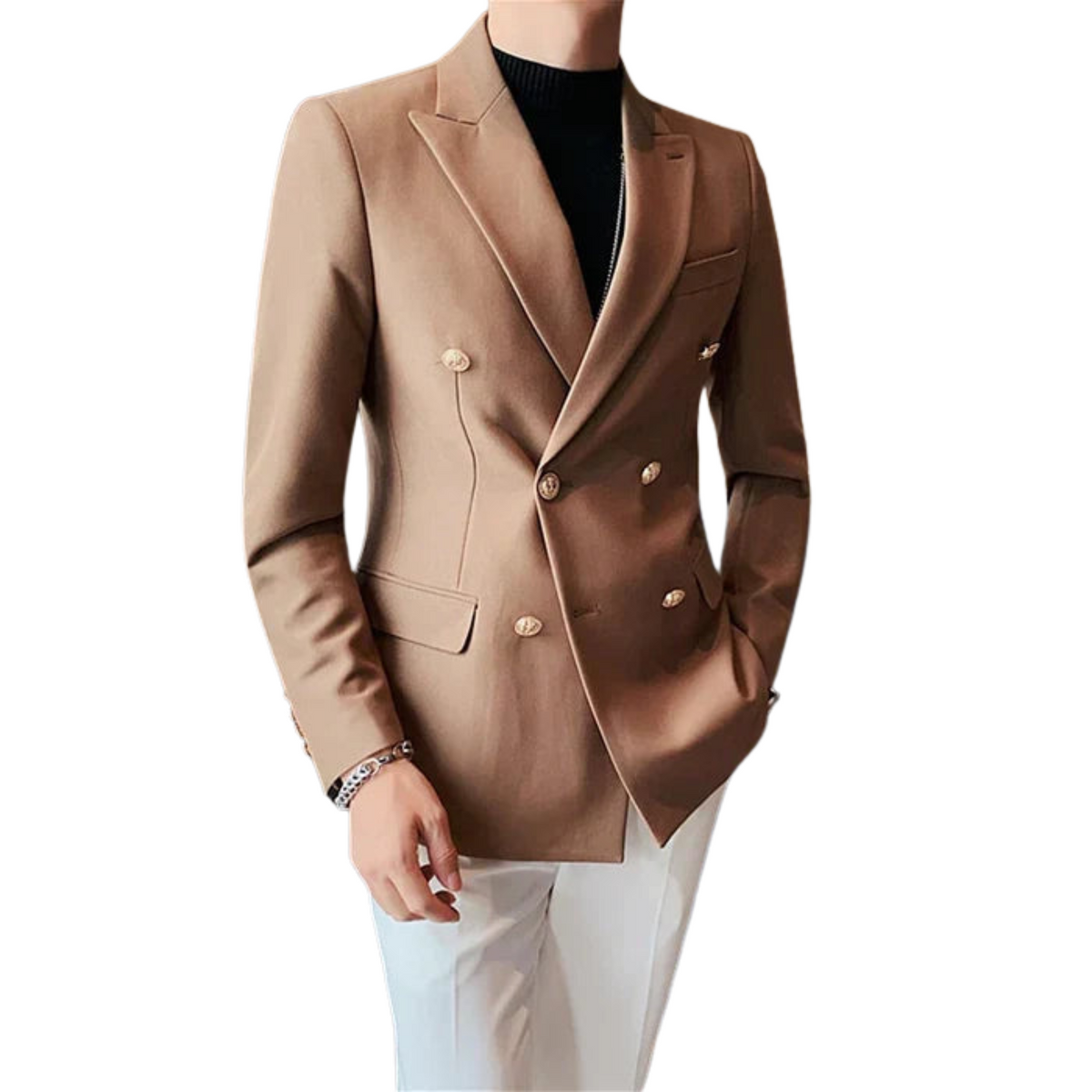 Blazer Masculino de Abotoamento Duplo Romenzi RZ936 em detalhe, blazer sustentável em tecido ecológico que oferece conforto, caimento perfeito e sofisticação.