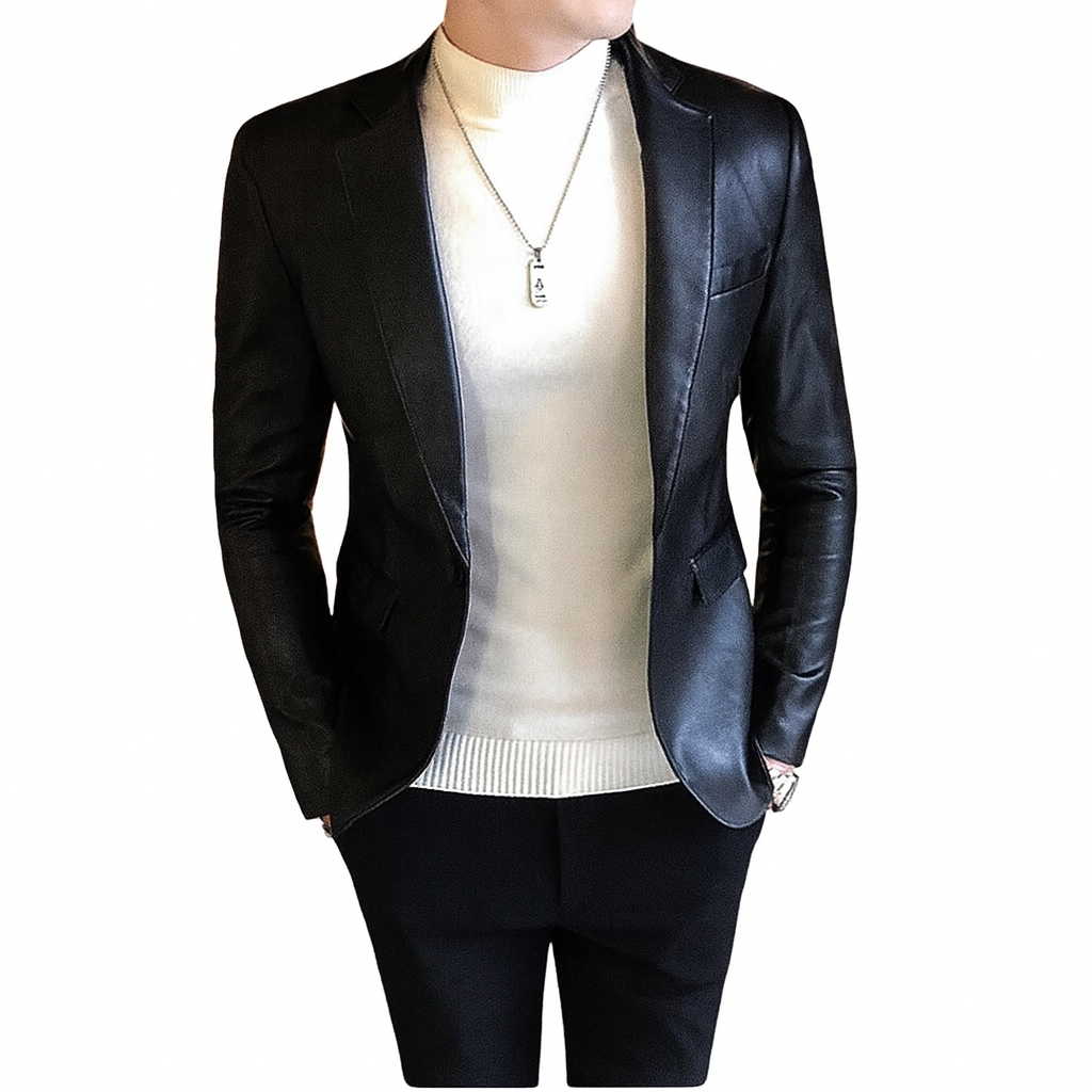 Blazer Masculino de Couro Lancaster Romenzi RZ921 em detalhe, peça premium em couro sofisticado e resistente, ideal para looks casuais ou formais elegantes.