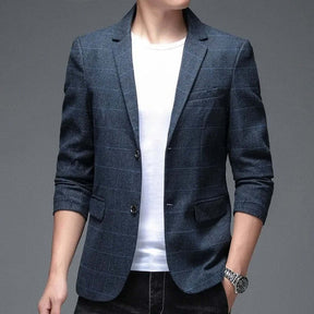 Blazer Masculino Esporte Fino Romenzi RZ056, em algodão e poliéster, com botões nas mangas e fechamento duplo. Azul marinho para ocasiões formais e informais