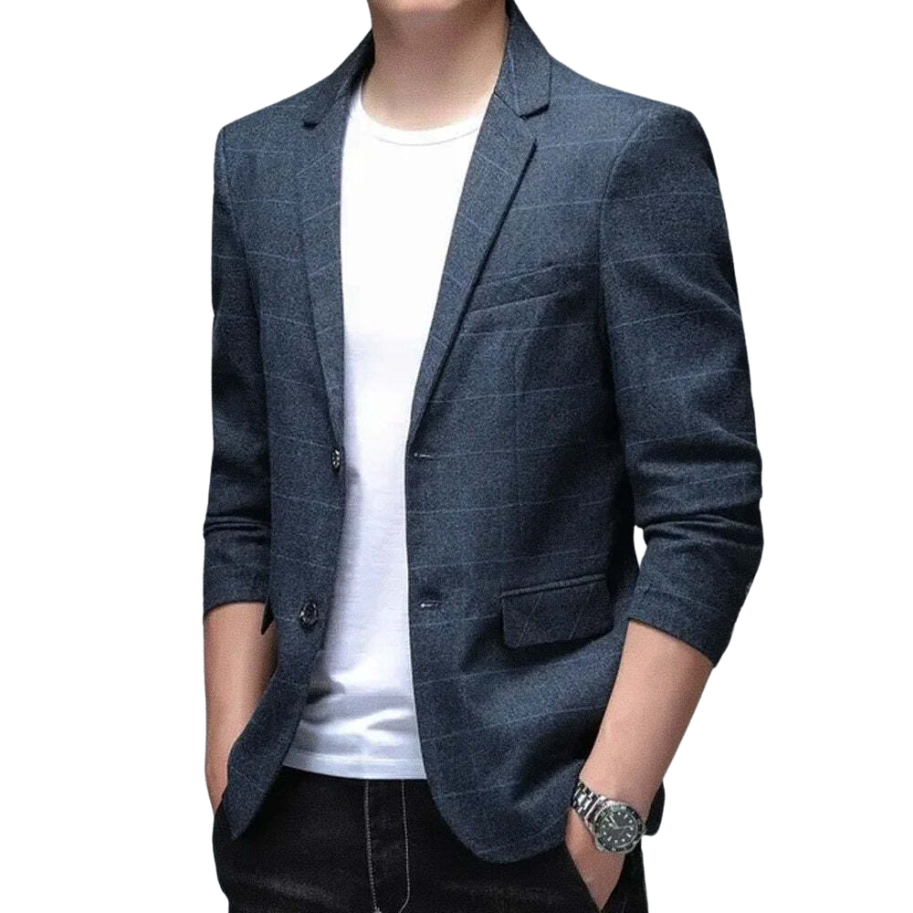Blazer Masculino Esporte Fino Romenzi RZ056, em algodão e poliéster, com botões nas mangas e fechamento duplo. Azul marinho para ocasiões formais e informais