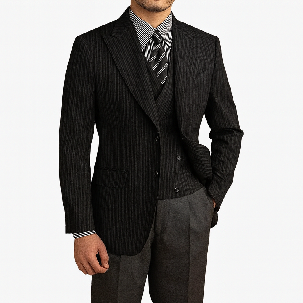 Blazer Masculino Listrado Romenzi RZ926 em detalhe, peça premium em poliéster e viscose com padronagem listrada, sofisticada para looks casuais ou formais.
