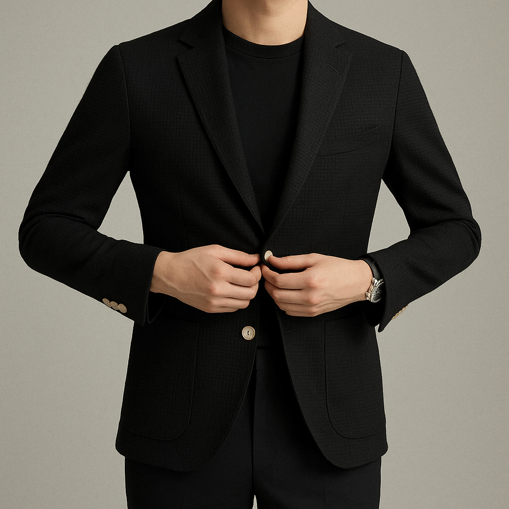 Blazer Masculino Noble Romenzi RZ923 em detalhe, peça elegante em algodão egípcio premium, ideal para eventos formais e ocasiões especiais com sofisticação.