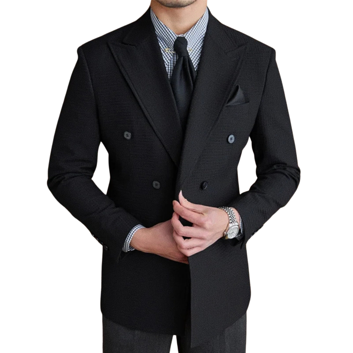 Blazer Masculino Transpassado Romenzi RZ539 em detalhe, peça sofisticada em Ecomicrofibra Easeleaf com acabamento interno em seda para looks elegantes.