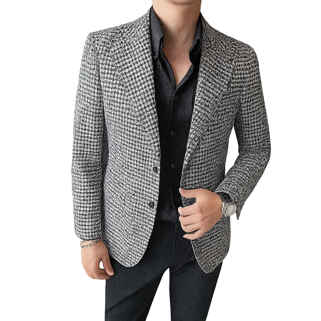 Blazer Masculino Xadrez Romenzi RZ541 em detalhe, blazer elegante em materiais de alta qualidade com padrão xadrez que oferece conforto e caimento impecável.