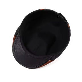 Boina Masculina de Couro Vintage Romenzi RZ273 com design refinado, confeccionada em couro premium, cores preta, marrom claro e marrom escuro.