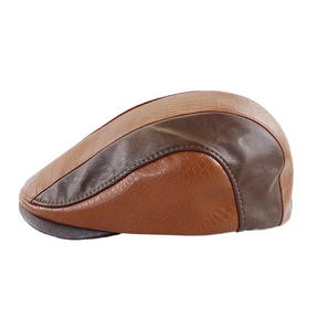 Boina Masculina de Couro Vintage Romenzi RZ273 com design refinado, confeccionada em couro premium, cores preta, marrom claro e marrom escuro.
