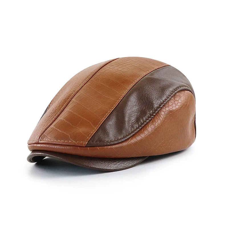 Boina Masculina de Couro Vintage Romenzi RZ273 com design refinado, confeccionada em couro premium, cores preta, marrom claro e marrom escuro.