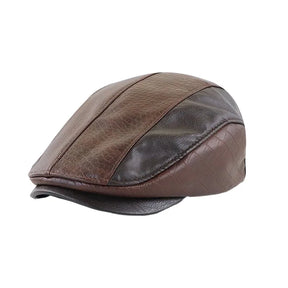 Boina Masculina de Couro Vintage Romenzi RZ273 com design refinado, confeccionada em couro premium, cores preta, marrom claro e marrom escuro.