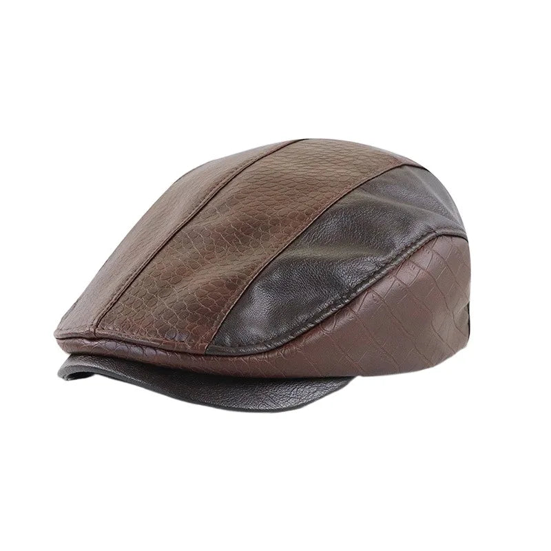 Boina Masculina de Couro Vintage Romenzi RZ273 com design refinado, confeccionada em couro premium, cores preta, marrom claro e marrom escuro.