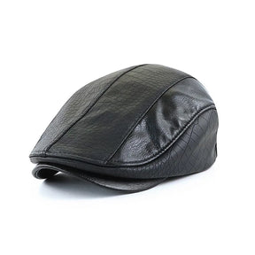 Boina Masculina de Couro Vintage Romenzi RZ273 com design refinado, confeccionada em couro premium, cores preta, marrom claro e marrom escuro.