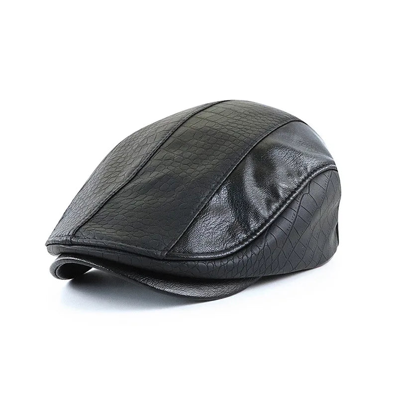 Boina Masculina de Couro Vintage Romenzi RZ273 com design refinado, confeccionada em couro premium, cores preta, marrom claro e marrom escuro.