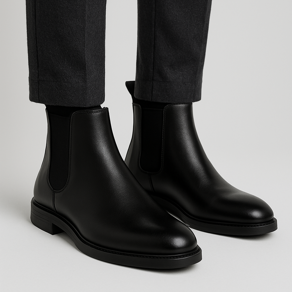 Bota Chelsea Masculina Romenzi Mirante RZ549 em detalhe, modelo inspirado na era vitoriana em couro de alta qualidade que garante elegância e conforto.
