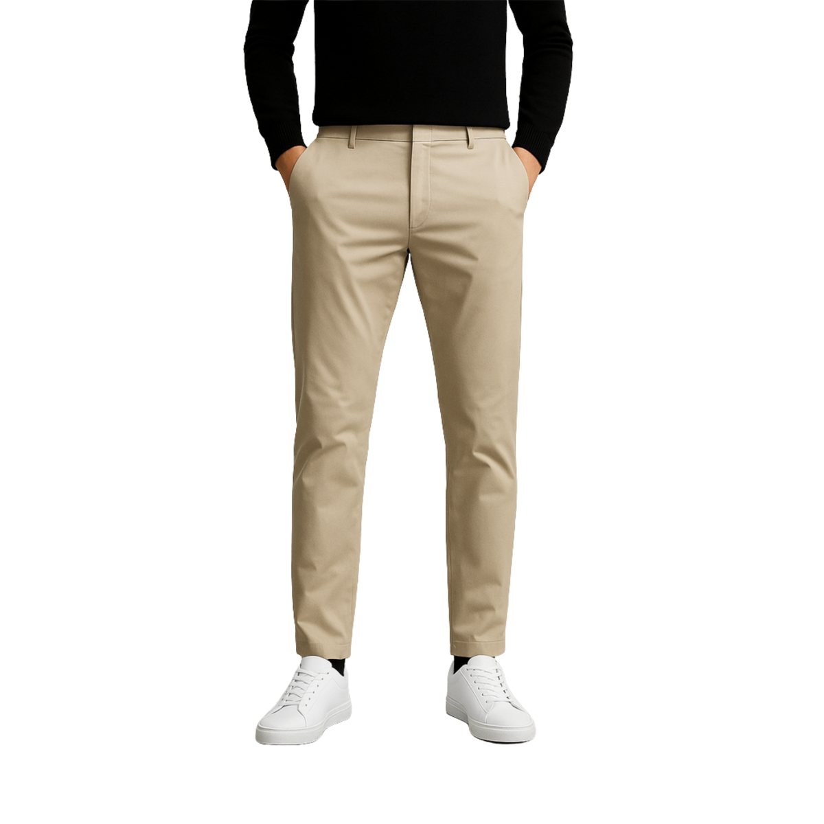 Calça Chino em Sarja Masculina Romenzi RZ553 em detalhe, calça em sarja de alta qualidade que oferece conforto, resistência e estilo sofisticado.