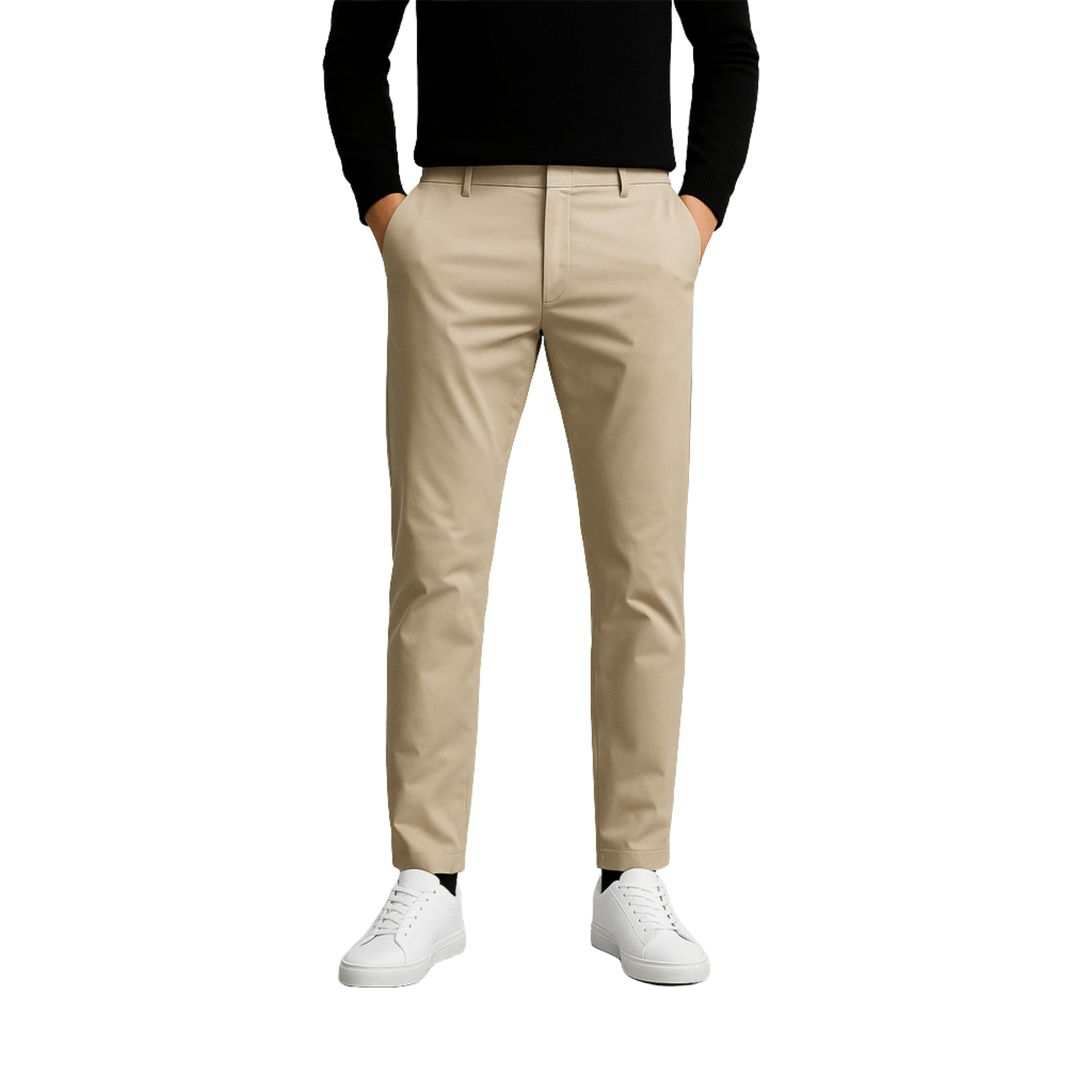 Calça Chino em Sarja Masculina Romenzi RZ553 em detalhe, calça em sarja de alta qualidade que oferece conforto, resistência e estilo sofisticado.