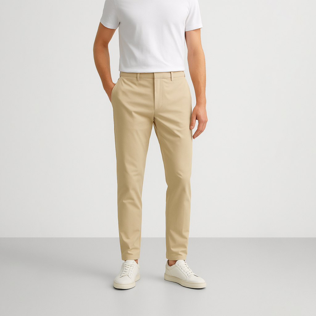 Calça Chino em Sarja Masculina Romenzi RZ554 em detalhe, peça slim fit em sarja premium, versátil e elegante para looks formais e casuais.