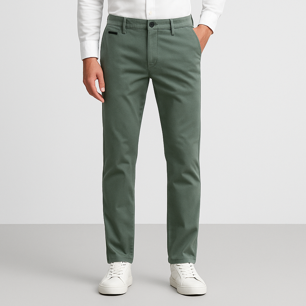Calça Chino em Sarja Masculina Romenzi RZ555 em detalhe, peça elegante em sarja premium, versátil para looks casuais, profissionais ou de lazer.