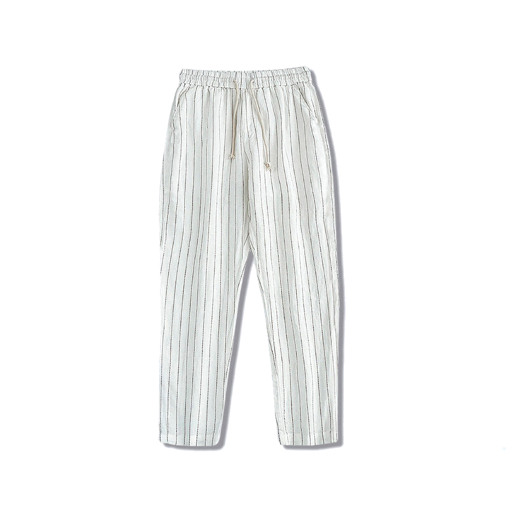 Calça de Linho Masculina Listrada Romenzi RZ557 em detalhe, calça listrada em linho leve e respirável que oferece frescor, conforto e estilo sofisticado.