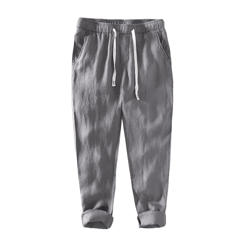 Calça de Linho Masculina Romenzi RZ559 em detalhe, peça leve e sofisticada em linho premium, ideal para looks casuais ou sociais com estilo refinado.
