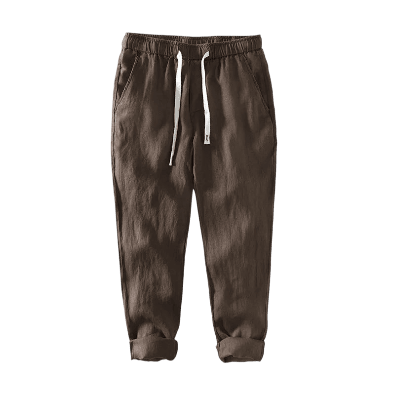 Calça de Linho Masculina Romenzi RZ559 em detalhe, peça leve e sofisticada em linho premium, ideal para looks casuais ou sociais com estilo refinado.