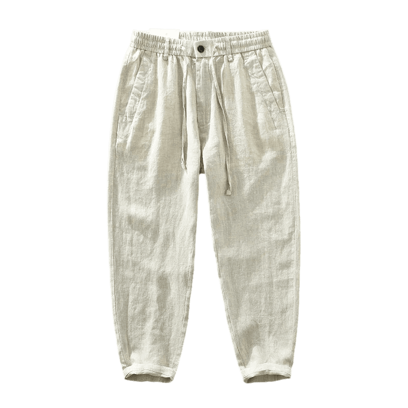 Calça de Linho Masculina Romenzi RZ561 em detalhe, peça sofisticada em linho premium, com design moderno que valoriza a silhueta masculina.