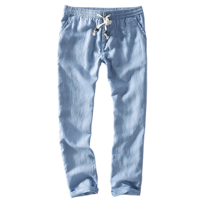 Calça de Linho Masculina Romenzi RZ562 em detalhe, calça sofisticada em linho leve e respirável que oferece frescor, conforto e estilo contemporâneo.