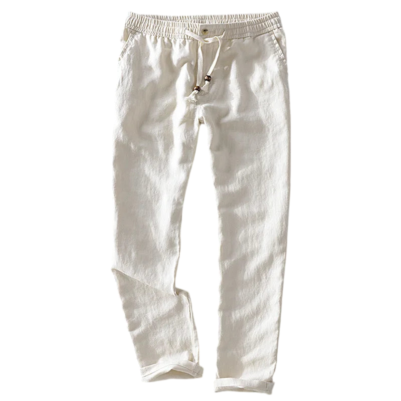 Calça de Linho Masculina Romenzi RZ562 em detalhe, calça sofisticada em linho leve e respirável que oferece frescor, conforto e estilo contemporâneo.