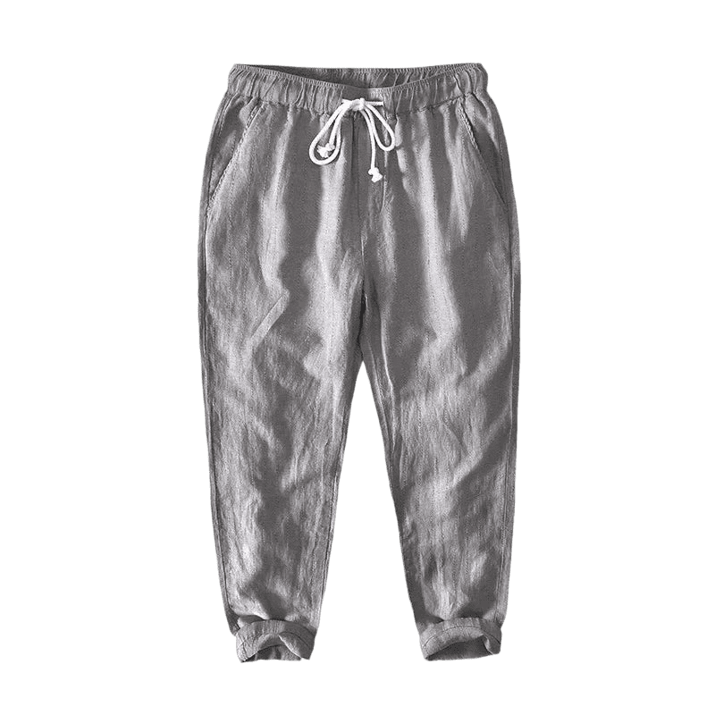 Calça de Linho Masculina Romenzi RZ563 em detalhe, calça elegante em linho de alta qualidade que oferece frescor, conforto e estilo refinado.
