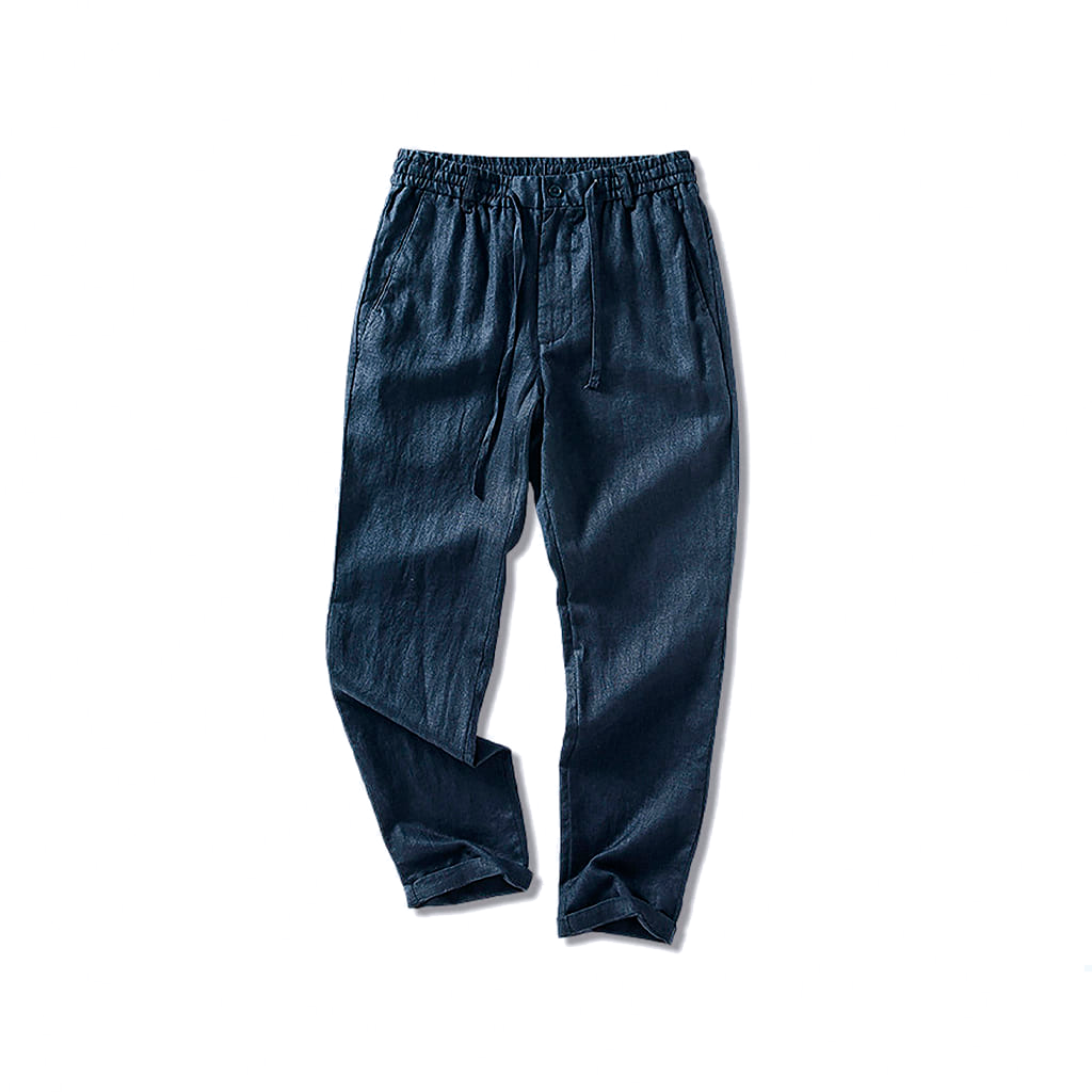 Calça de Linho Masculina Romenzi RZ566 em detalhe, peça leve e sofisticada em linho premium, ideal para looks casuais ou formais nos dias quentes.