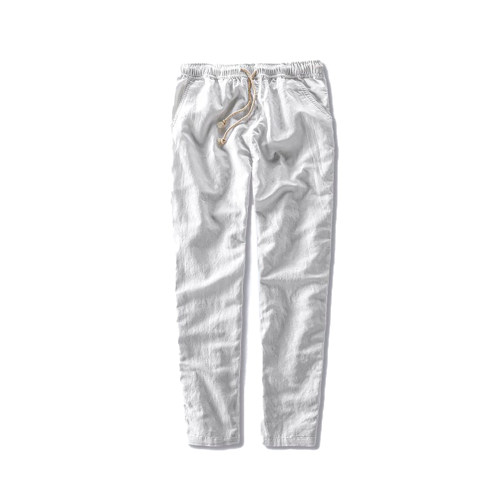 Calça de Linho Masculina Romenzi RZ567 em detalhe, calça leve em linho de alta qualidade que oferece frescor, conforto e estilo atemporal.