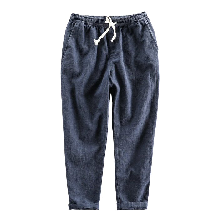 Calça de Linho Masculina Romenzi RZ940 em detalhe, calça elegante em linho premium que oferece conforto, respirabilidade e estilo Old Money sofisticado.