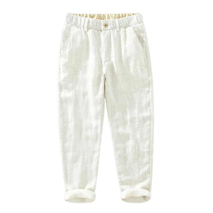 Calça de Linho Masculina Romenzi RZ942 em detalhe, calça clássica em linho premium que oferece conforto, respirabilidade e estilo Old Money sofisticado.