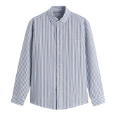Camisa de Linho Masculina Romenzi Listrada RZ801 em detalhe, peça em linho premium com estampa listrada que garante respirabilidade, conforto e estilo.
